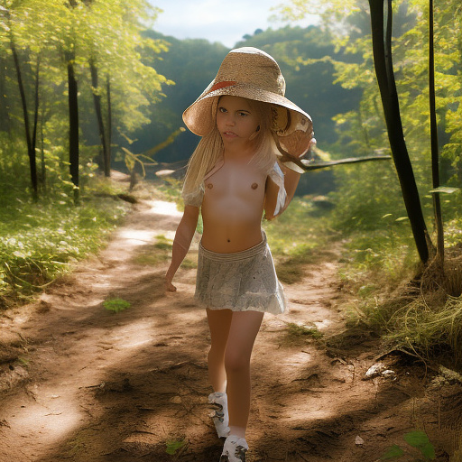 A 9-year-old girl is skipping along a forest path. she has a basket in her hands and a sun hat on her head. she's naked in custom style