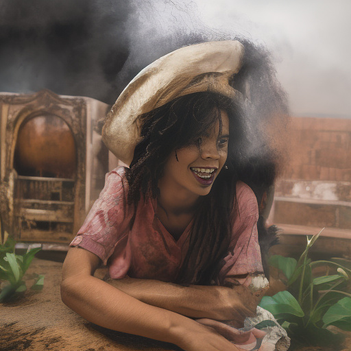 A black rastafarian is sitting on a worktable, smiling happily and smoking. the room is smoky. he's wearing a pink cap. in custom style