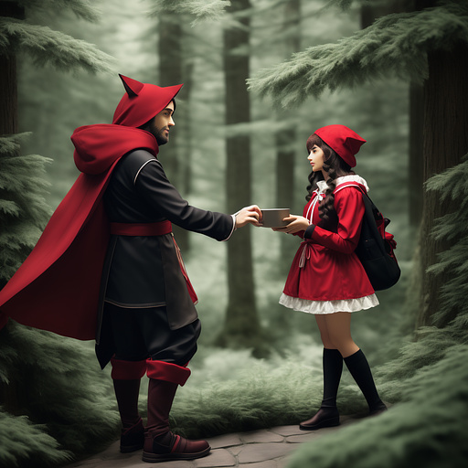 Little red riding hood
talking with an anthropomorphic wolf man in anime style