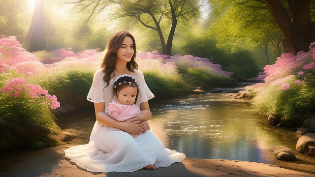 A beautiful woman in a white dress with her children, sitting by the river bank near flowers and trees, holding one baby girl in pink on her lap, another child standing nearby, in the style of thomas kinkade, vivid colors, sunny day, bright light. --ar 128:95 , accentuating her natural beauty, in realistic style