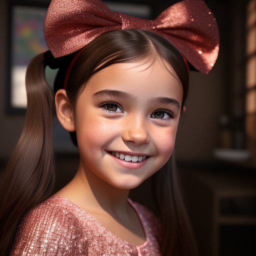 A five year old girl with very dark brown hair in straight pigtails, a very big smile, rosy red cheeks and wearing a dark red bow in her hair and dark red glittery dress in disney 3d style