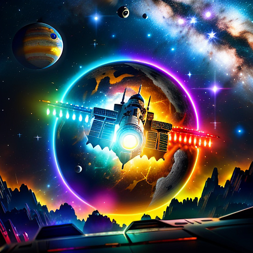 A cheerful transformer flies through space against the backdrop of planets. in sci-fi style