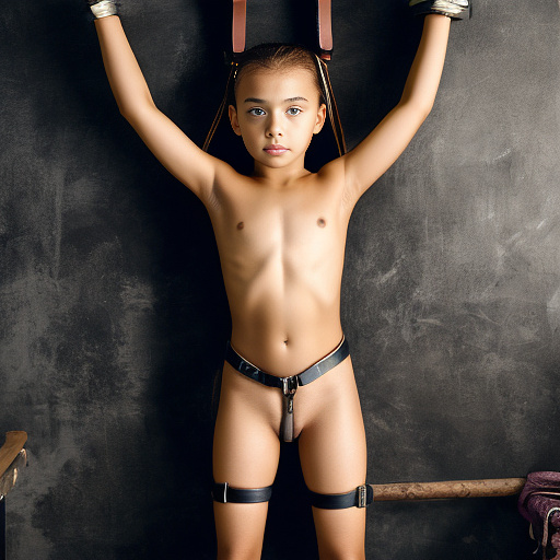 Tied up, leather bondage, 10 year old girl, naked, hands up, full body in custom style
