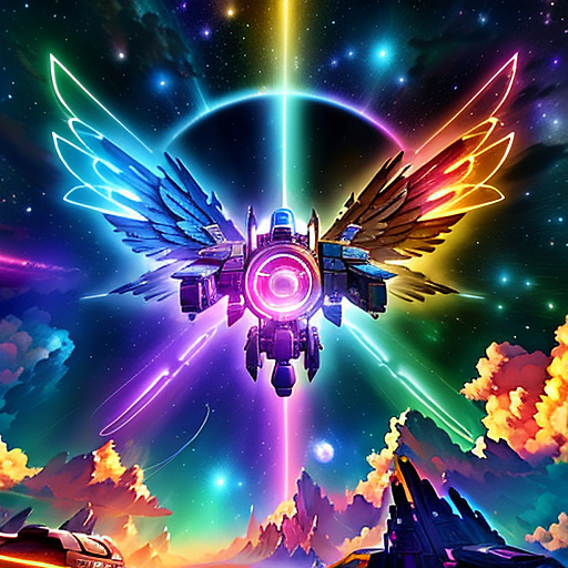 A cheerful transformer flies through space against the backdrop of planets. in angelcore style