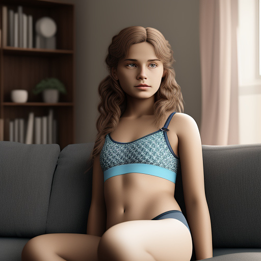 Ultra realistic a 15 year old german girl sits on the sofa in the living room in cute childlike underwear in custom style