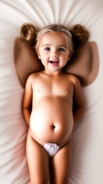Realistic, detailed, 4-year-old blonde girl, pregnant, tan wedding outfit, showing belly, laying in bed, top down full body view, red blush, tan skin, mouth open, milk  in custom style