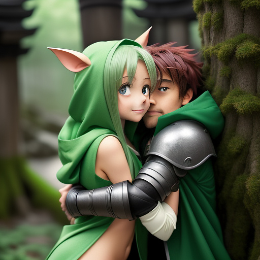 An adorable short stack goblin girl with green skin hugging a male human knight with a hood covering most of his face in a forest in anime style