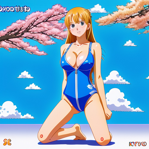 11 year old girl
one piece swimsuit
big boobs
kneeling 
grabbing her bra with her hand in anime style