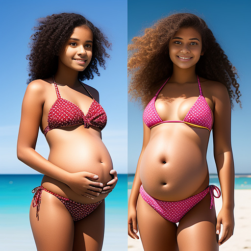 Pregnants of 13-year-old girl pregnancy of 20 weeks wearing a bikini looking forward in custom style