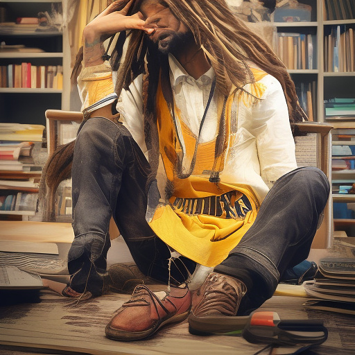 A black rastafarian is sitting on his desk, smiling happily. in custom style