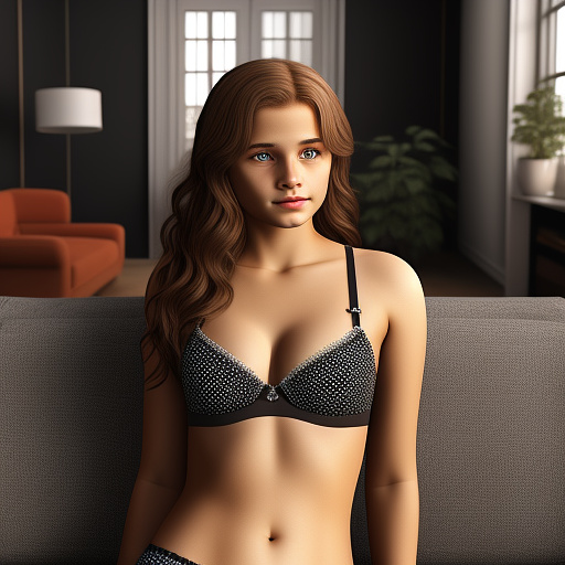 Ultra realistic a cute 15 year old german girl sits on the sofa in the living room in sexy underwear in custom style