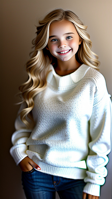White, blonde, very cute, smiling, girl 13 years old, very large breast, very tight sweater, in custom style