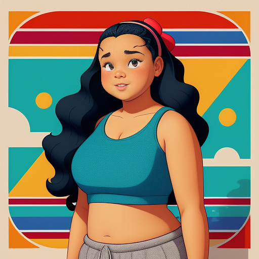 A full picture of a 14 year old chubby girl in a crop top in disney painted style