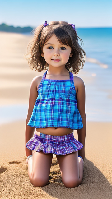 Realistic, detailed, 4-year-old girl, brown hair, full-body, small tight purple string-bikini, sitting on the beach, showing between her legs, tummy ache, light blue tartan mini-skirt in custom style
