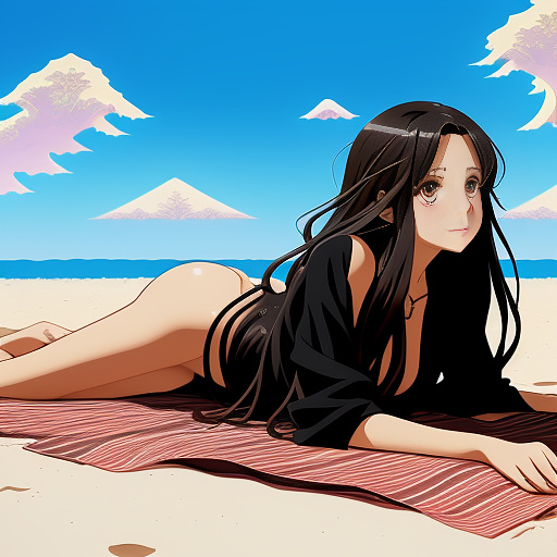 Make image of beatyfull black polish woman. lying on the beach on the stomach (and she have long hair) and make her so beatyfull that boys lies after she in anime style