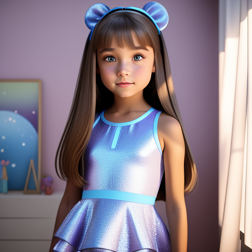 A seven year old girl, with very light brown straight long and short hair, dark brown eyes, and is wearing a cute light blue and light purple dance outfit in disney 3d style