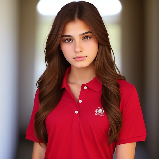18 year old huge thick chest white girl brown long hair behind head in 5 buttons tipped red polo shirt 
 in custom style