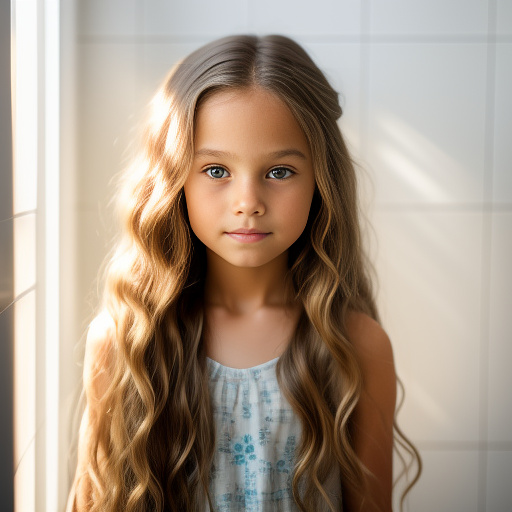 A thin 7-year-old girl is standing up in the shower. the girl is looking over her shoulder at the camera. the scene captures a peaceful. the girl has long hair flowing to the side. the bathtub is white with a clean and minimalistic design. natural light brightens the setting.
 in realistic style