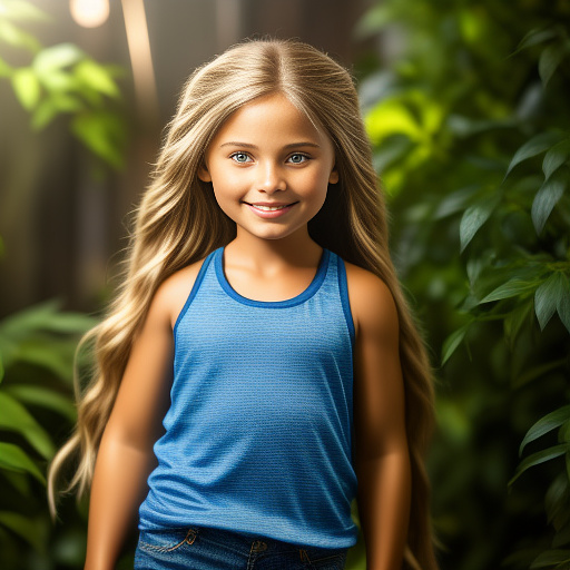 9-year-old american girl, long blonde hair, smiling, wearing a blue tank top and denim shorts in realistic style
