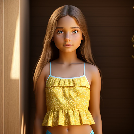 An eleven year old girl with light brown mid length straight hair, light brown eyes, wearing makeup and is wearing a two piece yellow bathing suit at her house in disney 3d style