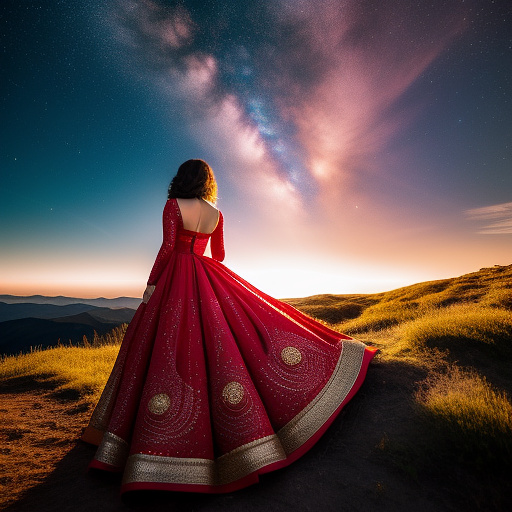 A woman in a love themed red dress with loads of intricate gold love embroidery, carrying a tome, on a hill top, two astrological sign light up brightly in the skies with the connective lines
 in custom style