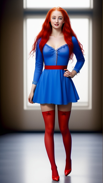 Sophie turner wearing a blue playdress and red tights. in custom style