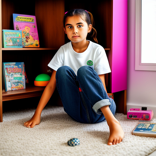 A photorealistic scene set in winter 1996: an 8-year-old caucasian girl stands in her spacious new bedroom at her aunt’s farmhouse, visibly nervous and a little scared. she has straight dark brown hair pulled into a ponytail and brown eyes. she’s wearing a purple and gray raglan t-shirt with faint dirt smudges on the elbows, dark blue jeans rolled at the cuffs with a grass stain on one knee, and white canvas sneakers scuffed at the toes. in her right hand she holds a tamagotchi; in her left she holds the handle of a small suitcase covered in peeling travel stickers. the bedroom has pink walls with cartoon posters, a duvet on a bed, a boxy crt tv and nintendo 64 video games on a wooden dresser, some 90s toys and games on a shelf, and a stack of goosebumps paperbacks on the nightstand. in custom style