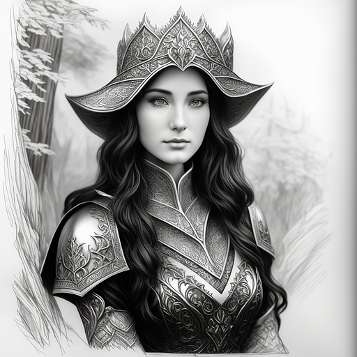 Modest elven fantasy heroine
forest ranger
fantasy guardian in pancil style