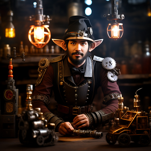 An elf wizard blacksmith with a tiny robot helper and a drinking problem in steampunk style
