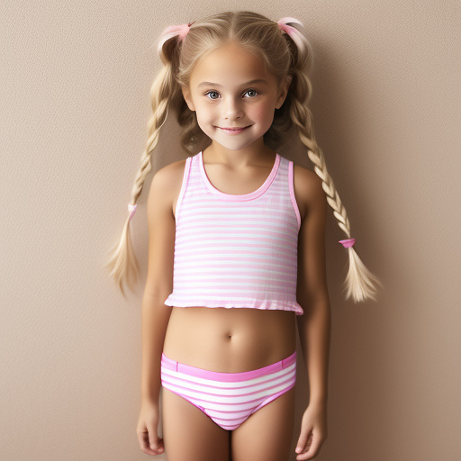 9-year-old caucasian white girl, pink striped tank top, cute, long blonde hair, not wearing pants, not wearing underwear in custom style