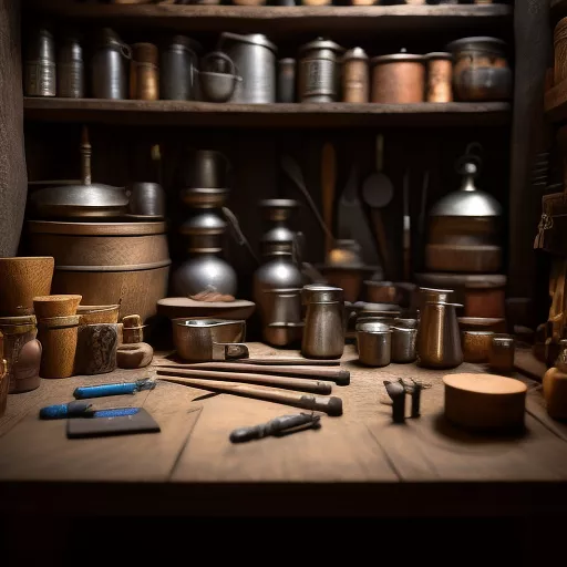 Medieval tinker's workshop tools in disney 3d style