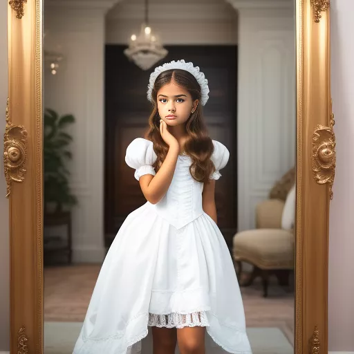 A 14 year old girl fixing her hair in front of a full length mirror dressed in a white  victorian dress in disney painted style