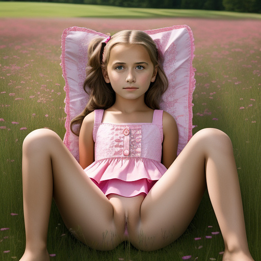 Ultra realistically a 10 year old girl in pink dress sits with spreading legs on the meadow detailed in custom style