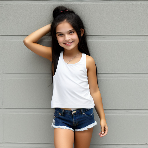 9-year-old caucasian white girl, white tank top and denim booty shorts, long black hair, smiling in custom style