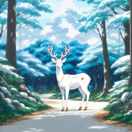 Blue-eyed girl on a white deer in front of a forest in anime style