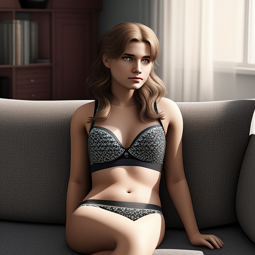 Ultra realistic a 15 year old german girl sits on the sofa in the living room in sexy underwear in custom style