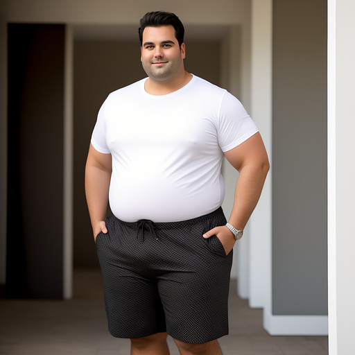 Full body obese dark haired white man without beard in shorts and big belly in custom style