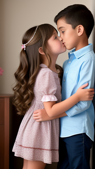 A romantic moment between a childhood couple. the grade-5 girl, wearing her sexy clothes, shares a gentle kiss with the grade-5 boy. in custom style