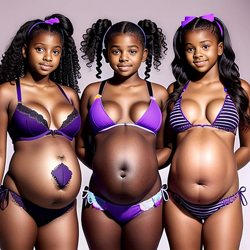 Pregnant 14-year-old girl pregnant with triplets using purple bikini 
looking forward of 3 weeks with a black line on their belly's ,little bit bigger boobs with their bras baby feet kick inside mother's belly in custom style