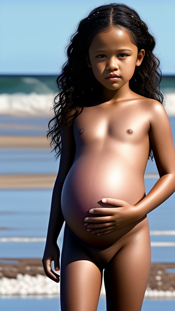 Realistic, pregnant, 7-years-old-girl, jenna ortega, beach, naked body, in custom style