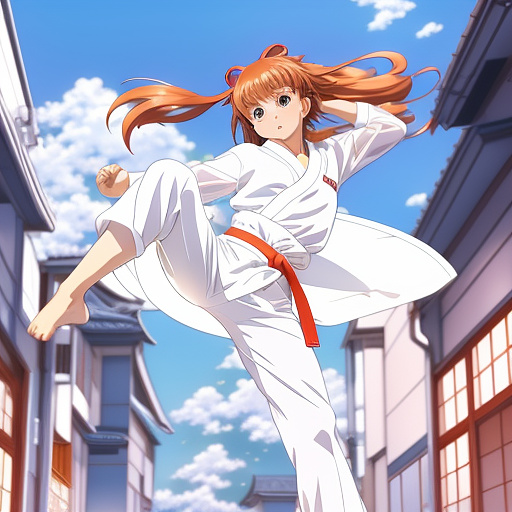 Little girl in see through karate suit white doing high kick in anime style