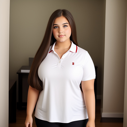 18 year old huge thick curvy bbw white girl brown long hair behind head  and in 5 buttons tipped red polo shirt 
 in custom style
