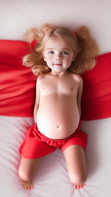 Realistic, detailed, 6-year-old blonde girl, in red peach dress, pregnant, laying in bed, top down full body view, red blush, right hand on belly   in custom style