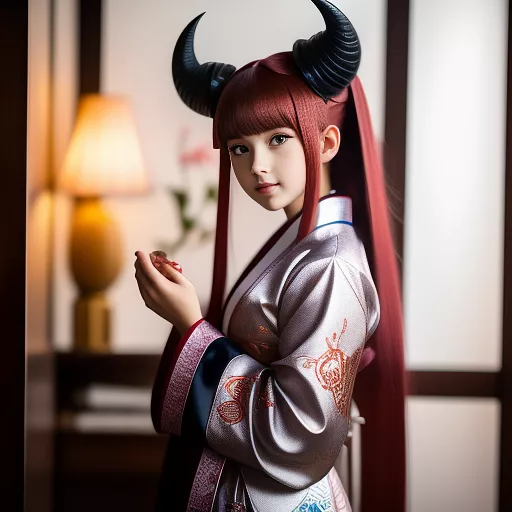A draconic girl with horns in kimono outfit  in anime style