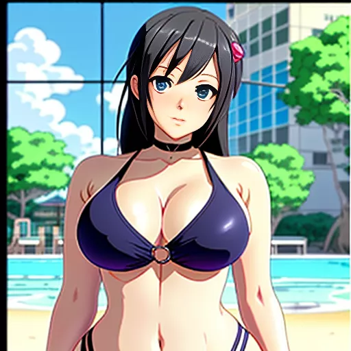 Curvy woman in bathing suit carrying a child (boy), from side, full body, in anime style