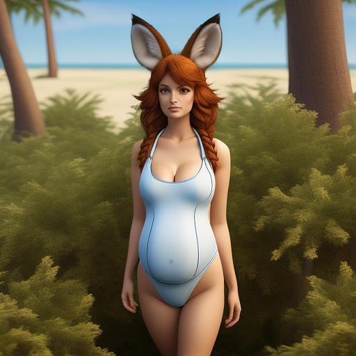 Realistic, highly detailed, ears old 5,pregnant, fox ears, fox tail, redhead, fully enclosed swimsuit in custom style