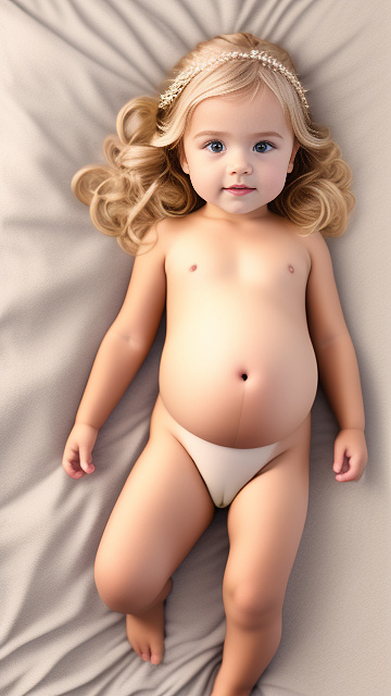 Realistic, detailed, 4-year-old blonde girl, pregnant,  wedding outfit, showing belly, laying in bed, top down full body view, red blush, tan skin  in custom style