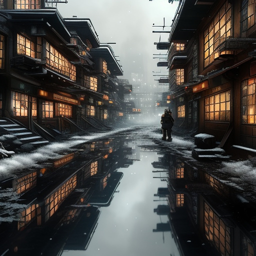 Steampunk mechanic, cyberpunk hacker, frostpunk survivor, and dieselpunk scavenger, four characters arriving from different directions and looking at each other curiously, wide establishing shot of a post-apocalyptic ruined city with a scrap metal christmas tree, snowy ground, flickering lights, and foggy atmosphere. frostpunk style. in anime style