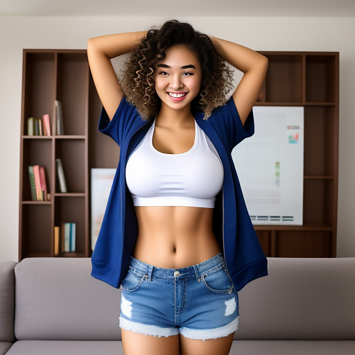 Sexy asian college student with her arms up and large boobs and curly hair and in a cropped short sleeve loose hoodie and jeans shorts and showing her whole belly and standing in the living room and full body picture in custom style
