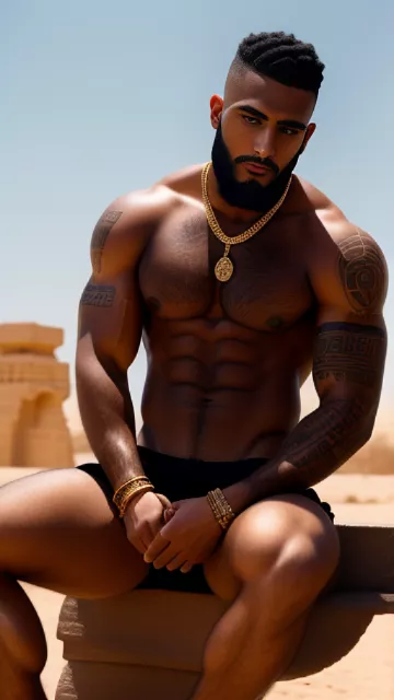 Skinhead tim gabel muslim arab black full beard extremely hairy chest toxic masculine alphamale thug arabic tattoos wearing thight tanktop sweatpants pumped ripped swollen muscles gold chains bracelets showing off desert in egypt style